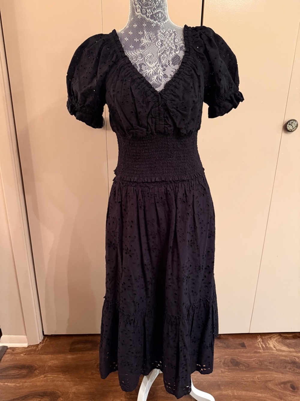 Black Eyelet Smocked Midi Skirt & Top Women- Size Small